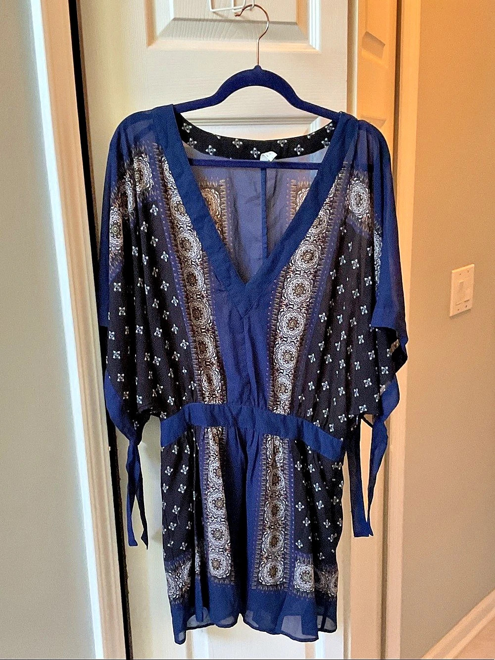 Free People Blue Patterned Sheer up top, lined skirt  dress Coverup Small Like N